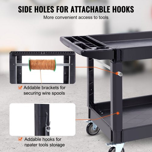 Utility Service Cart 2 Shelf 550LBS Heavy Duty Plastic Rolling Utility Cart