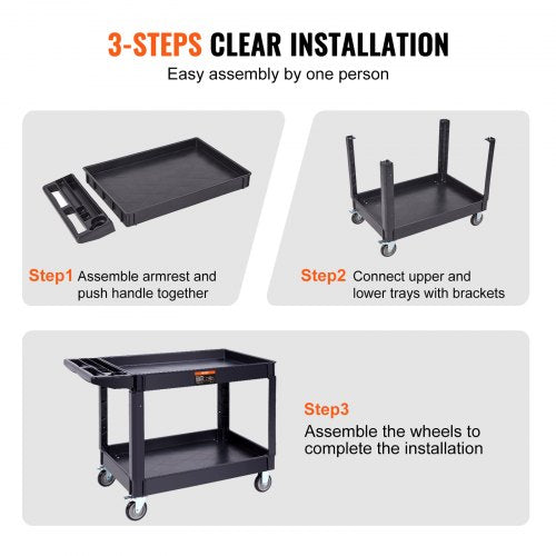 Utility Service Cart 2 Shelf 550LBS Heavy Duty Plastic Rolling Utility Cart