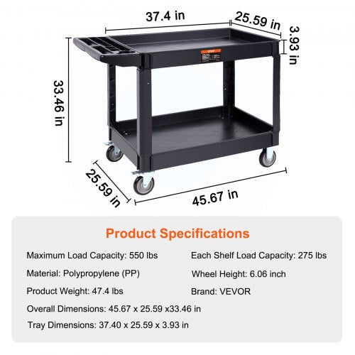 Utility Service Cart 2 Shelf 550LBS Heavy Duty Plastic Rolling Utility Cart