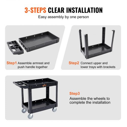 Utility Service Cart 2 Shelf 550LBS Heavy Duty Plastic Rolling Utility Cart