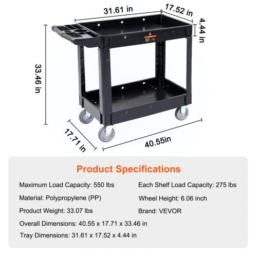 Utility Service Cart 2 Shelf 550LBS Heavy Duty Plastic Rolling Utility Cart