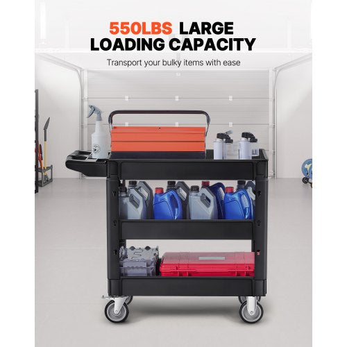 Utility Service Cart 550 LBS Laod Capacity 3 Shelf Heavy Duty Plastic
