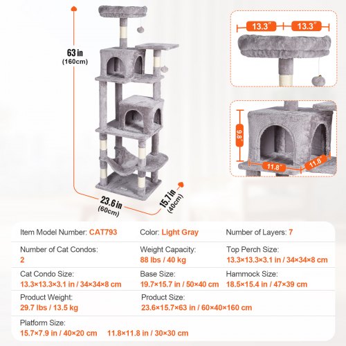 Cat Tree for Indoor Cats 63 Cat Tower with 2 Cat Condos Sisal Scratching