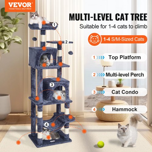 Cat Tree 63 Cat Tower with 2 Cat Condos Sisal Scratching Post Light Grey – 88L