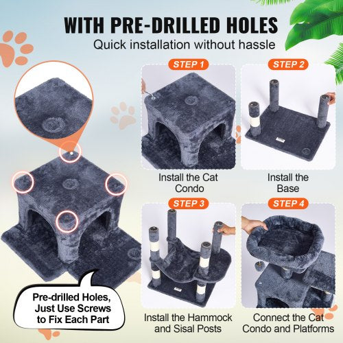 Cat Tree 63 Cat Tower with 2 Cat Condos Sisal Scratching Post Light Grey – 88L