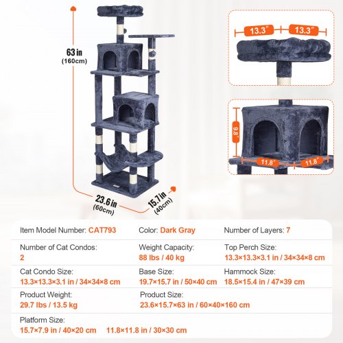 Cat Tree 63 Cat Tower with 2 Cat Condos Sisal Scratching Post Light Grey – 88L