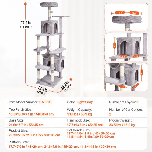 Cat Tree for Indoor Cats 72 Cat Tower with 2 Cat Condos Sisal Scratching
