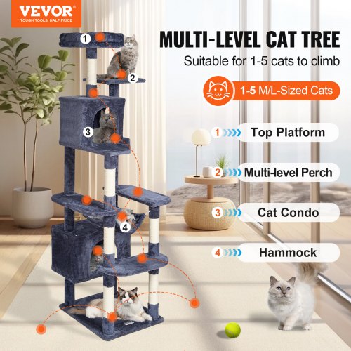 Cat Tree for Indoor Cats 72 Cat Tower with 2 Cat Condos Sisal Scratching