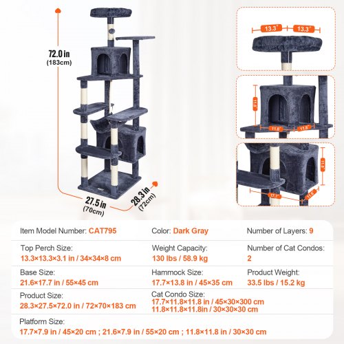 Cat Tree for Indoor Cats 72 Cat Tower with 2 Cat Condos Sisal Scratching