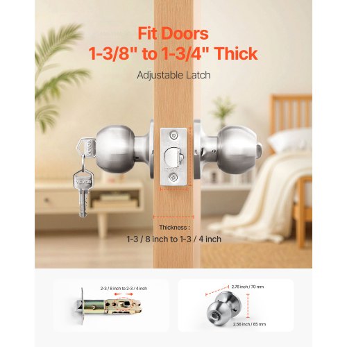 Keyed Entry Door Knob Satin Nickel With Round Ball Exterior Thumb Turn Lock