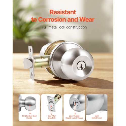 Keyed Entry Door Knob Satin Nickel With Round Ball Exterior Thumb Turn Lock