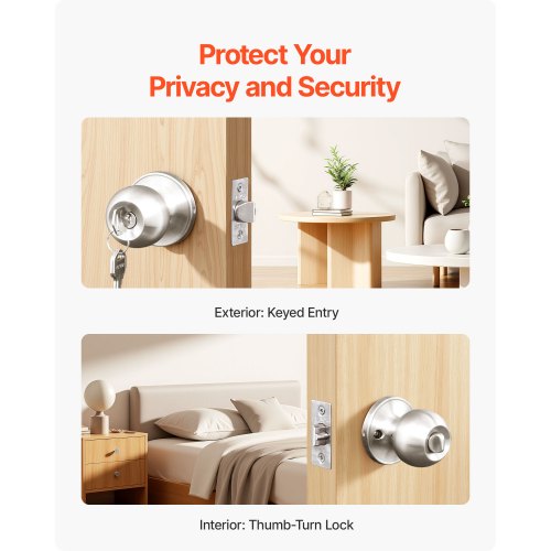 Keyed Entry Door Knob Satin Nickel With Round Ball Exterior Thumb Turn Lock