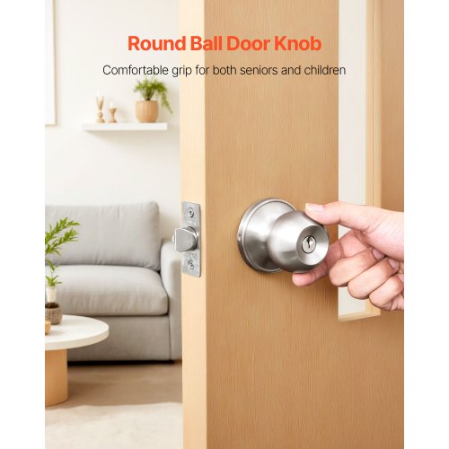 Keyed Entry Door Knob Satin Nickel With Round Ball Exterior Thumb Turn Lock