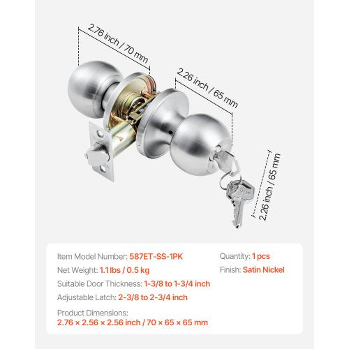 Keyed Entry Door Knob Satin Nickel With Round Ball Exterior Thumb Turn Lock