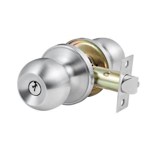 Keyed Entry Door Knob Satin Nickel With Round Ball Exterior Thumb Turn Lock
