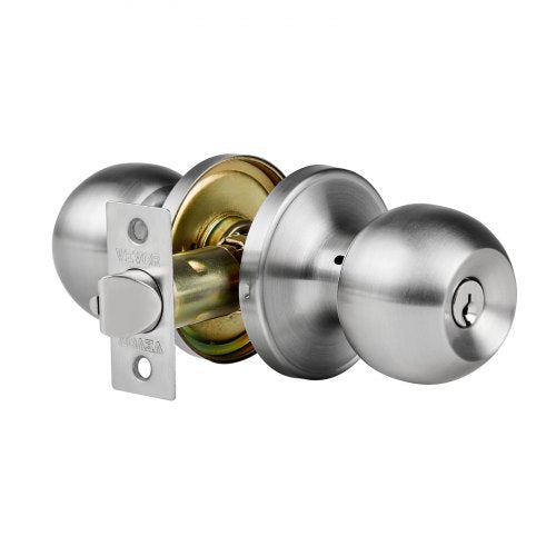Keyed Entry Door Knob Satin Nickel With Round Ball Exterior Thumb Turn Lock