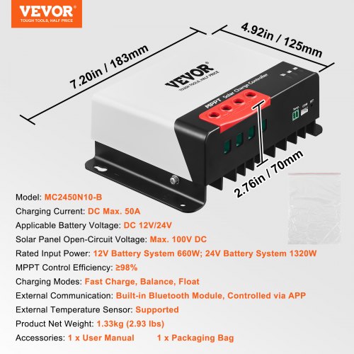 50A MPPT Solar Charge Controller 12V 24V Auto DC Input Solar Panel