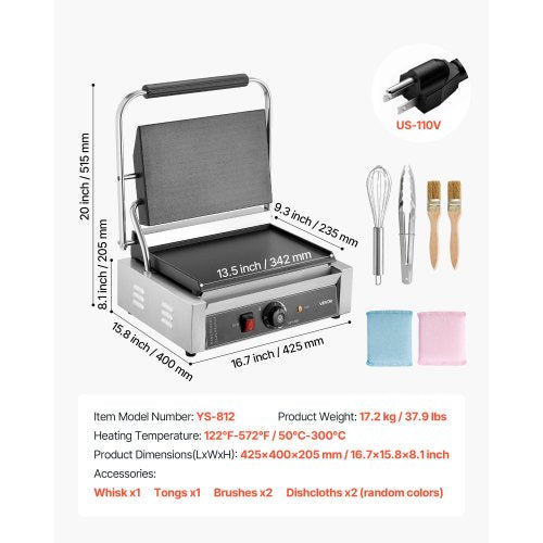 Commercial Panini Grill 1800W Electric Sandwich Maker Stainless Steel 40 8
