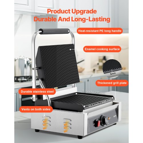 Commercial Panini Grill 1800W Electric Sandwich Maker Stainless Steel
