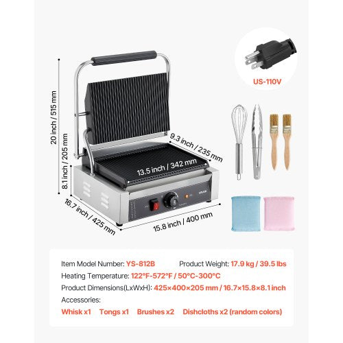 Commercial Panini Grill 1800W Electric Sandwich Maker Stainless Steel