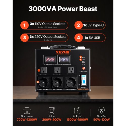 Power Converter 3000W Durable Step UpDown Unit Switches between 110V and 220V