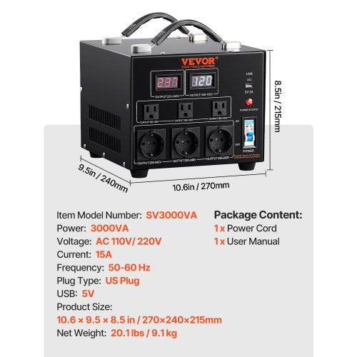 Power Converter 3000W Durable Step UpDown Unit Switches between 110V and 220V