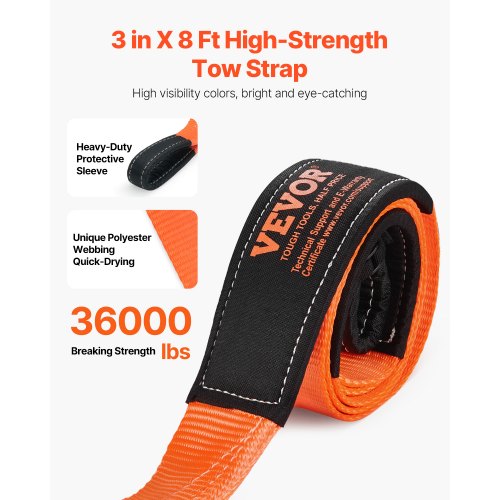 Recovery Tow Strap 3 Inches 8 Feet 36000 Lbs Break Strength Triple Reinforced