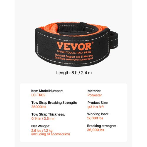 Recovery Tow Strap 3 Inches 8 Feet 36000 Lbs Break Strength Triple Reinforced