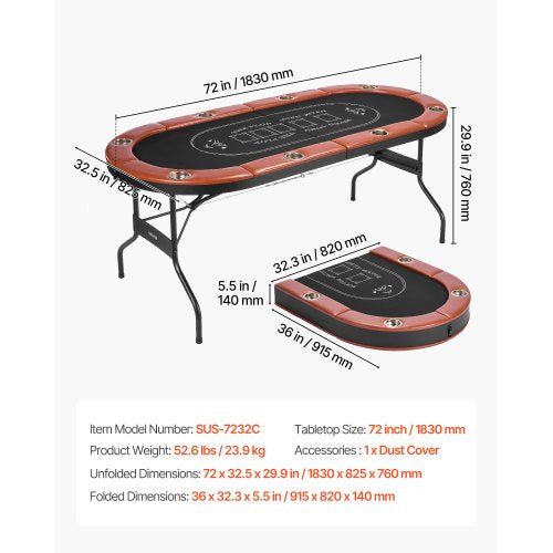Foldable Poker Table 8 Player 72 In Folding Casino Leisure With Padded Rails