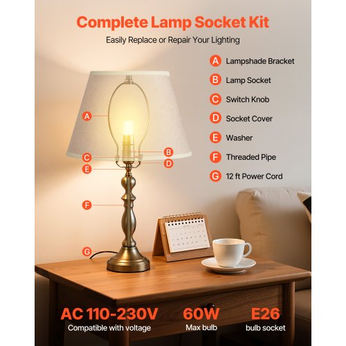 Lamp Rewire Kit E26 Socket With 12 Ft Matching Cord Antique Bronze Finish