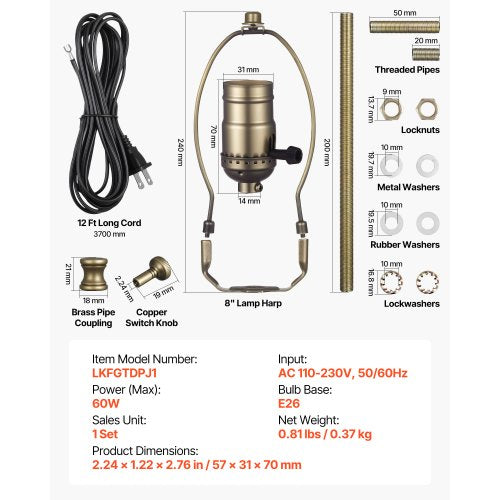Lamp Rewire Kit E26 Socket With 12 Ft Matching Cord Antique Bronze Finish