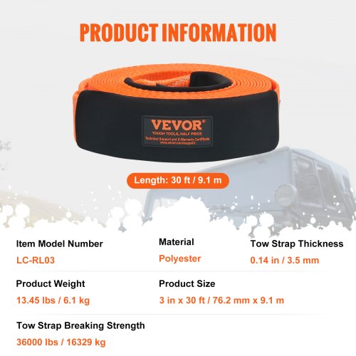 Polyester Heavy Duty Tow Strap Recovery Kit 3 x 30 ft MBS36000 lbs