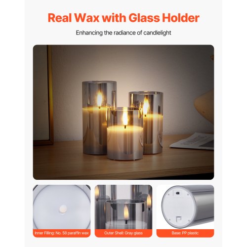 Gray Flickering Flameless Candles Set of 3 Battery Operated Flameless Led