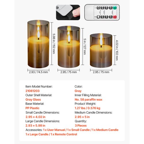 Gray Flickering Flameless Candles Set of 3 Battery Operated Flameless Led