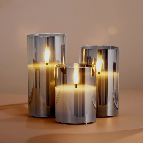 Gray Flickering Flameless Candles Set of 3 Battery Operated Flameless Led