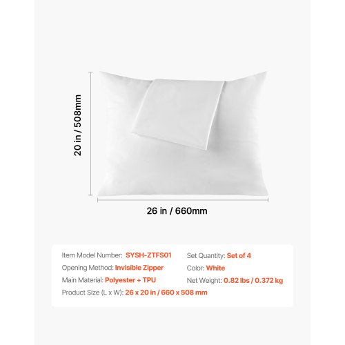 Pillow Protectors 4 Pack Waterproof With Hidden Zipper Breathable Standard