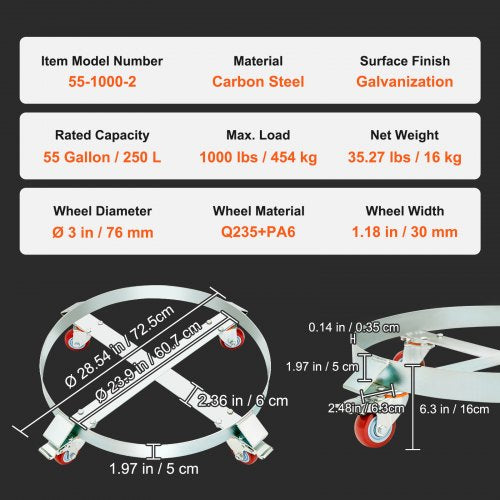 2PCS 55 Gallon Heavy Duty Drum Dolly 1000 lbs Load Capacity Barrel Dolly