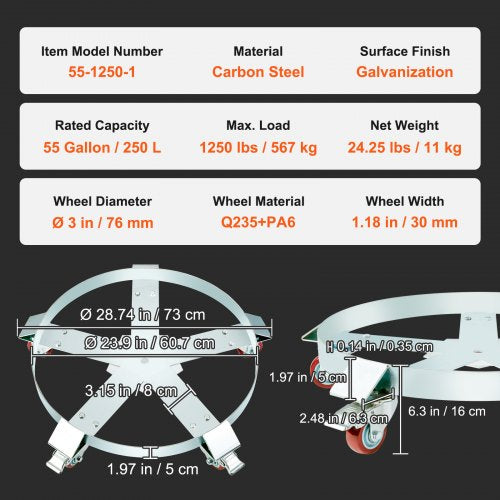 55 Gallon Heavy Duty Drum Dolly 1250lbs Load Capacity Barrel Dolly Cart