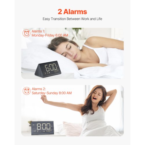 Digital Alarm Clock Wooden Desk Clock with Dual Alarm USB Port Snooze