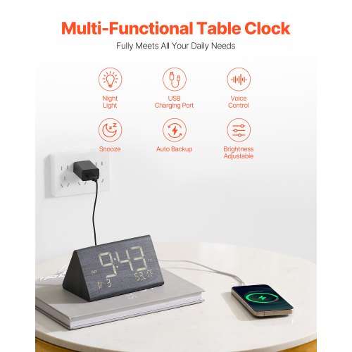 Digital Alarm Clock Wooden Desk Clock with Dual Alarm USB Port Snooze