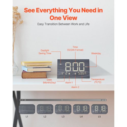 Digital Alarm Clock Wooden Desk Clock with Dual Alarm USB Port Snooze