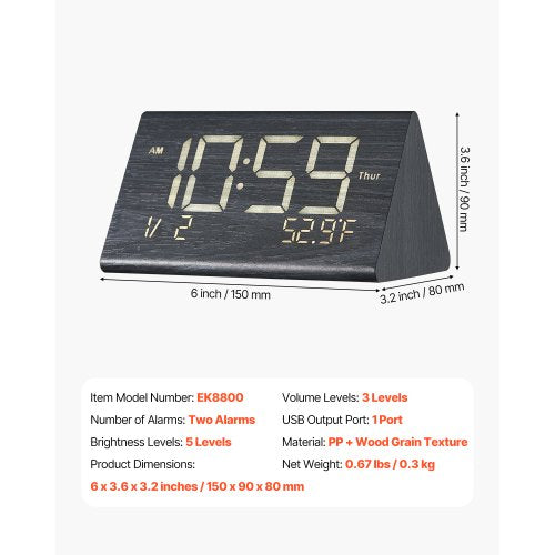 Digital Alarm Clock Wooden Desk Clock with Dual Alarm USB Port Snooze