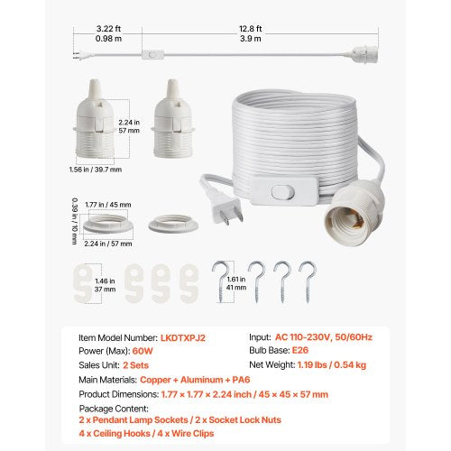 Plug In Hanging Light Cord Kit 16Ft Lantern Extension Cords 2 Pack E26 Socket