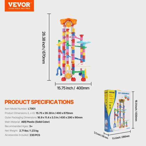 Marble Run Set 230 PCS with Motorized Elevator with 15 Plastic Marbles