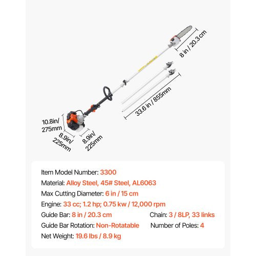Gas Pole Saw 33Cc 2 Stroke Powered Saws With 8 In Cutting Bar Cordless Tree