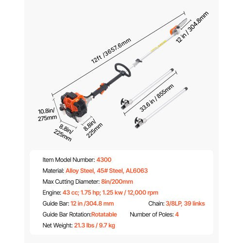 Gas Pole Saw 43Cc 2 Stroke Powered Saws With 12 In Cutting Bar Cordless Tree