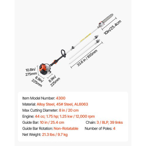 Gas Pole Saw 43Cc 2 Stroke Powered Saws With 10 In Cutting Bar Cordless Tree lb