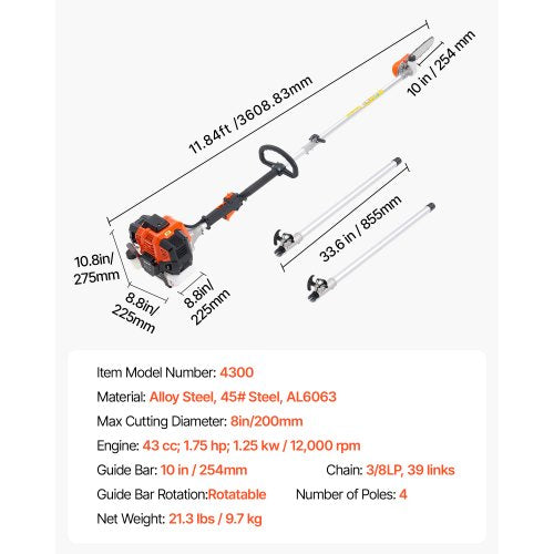 Gas Pole Saw 43Cc 2 Stroke Powered Saws With 10 In Cutting Bar Cordless Tree