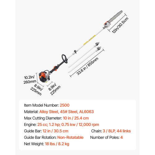 Gas Pole Saw 25Cc 2 Stroke Powered Saws With 12 In Cutting Bar Cordless Tree