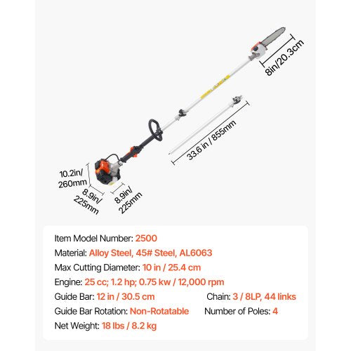 Gas Pole Saw 25Cc 2 Stroke Powered Saws With 8 In Cutting Bar Cordless Tree